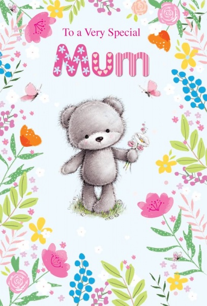 Teddy Bear Flowers Mum Birthday Card