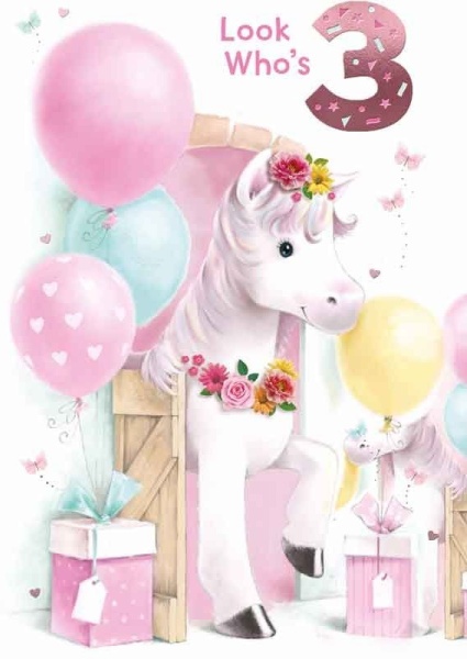 Flower Pony 3rd Birthday Card