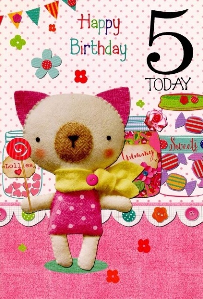 Sweet Teddy Cat 5th Birthday Card