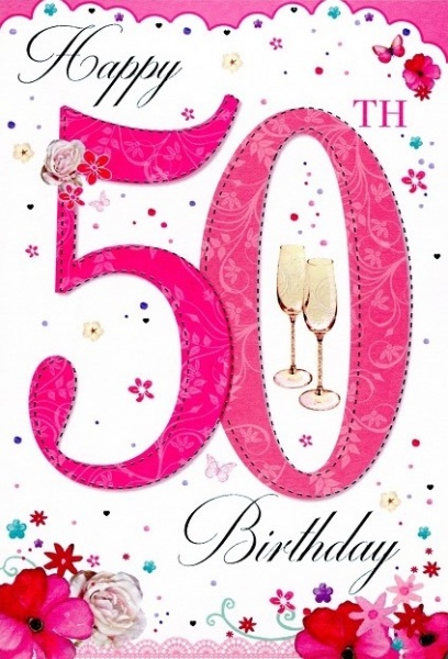 Pink Flowers 50th Birthday Card