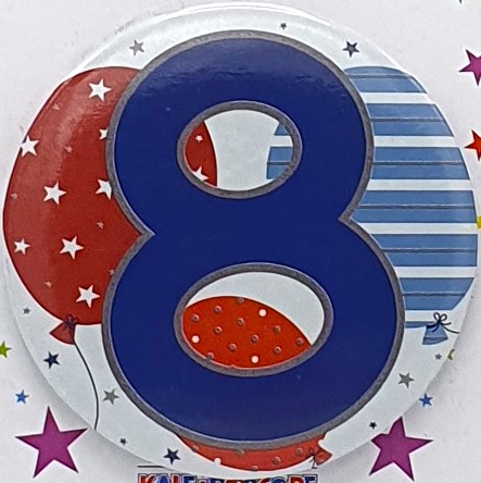Blue Balloons Age 8 Birthday Badge