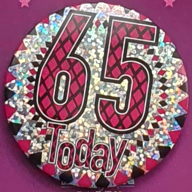 Pink & Black Age 65 Birthday Badge