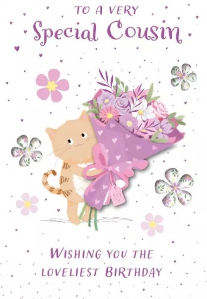 Cat & Flowers Cousin Birthday Card