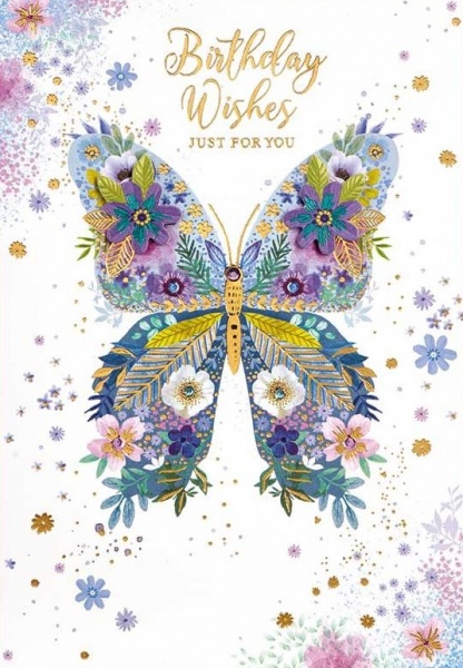 Blue Floral Butterfly Birthday Card