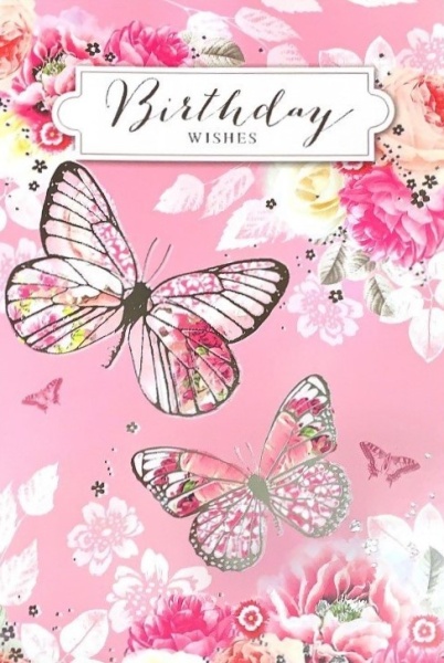 Pink Rose Butterflies Birthday Card