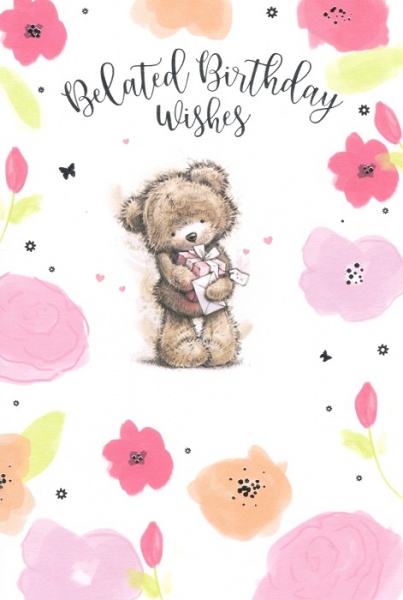 Teddy Flowers Belated Birthday Card