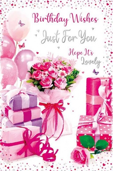 Pink Presents & Flowers Birthday Card