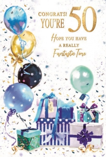 Blue Balloons & Gifts 50th Birthday Card