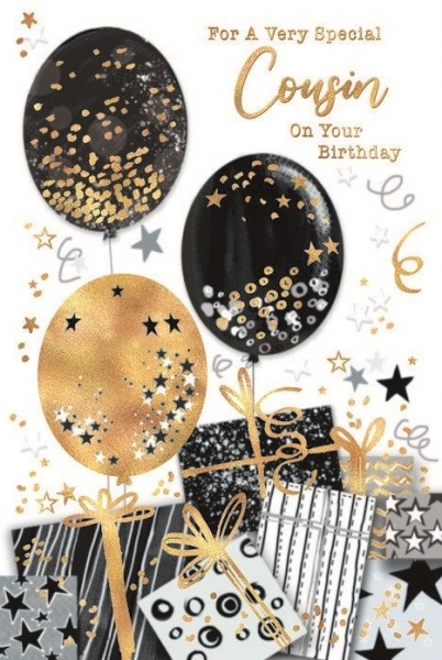 Black & Gold Balloons Cousin Birthday Card