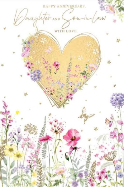 Gold Heart & Wild Flowers Daughter & Son-In-Law Anniversary Card