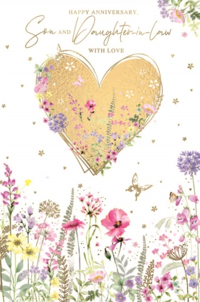 Gold Heart & Wild Flowers Son & Daughter-In-Law Anniversary Card