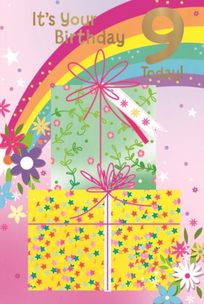Rainbow Presents 9th Birthday Card