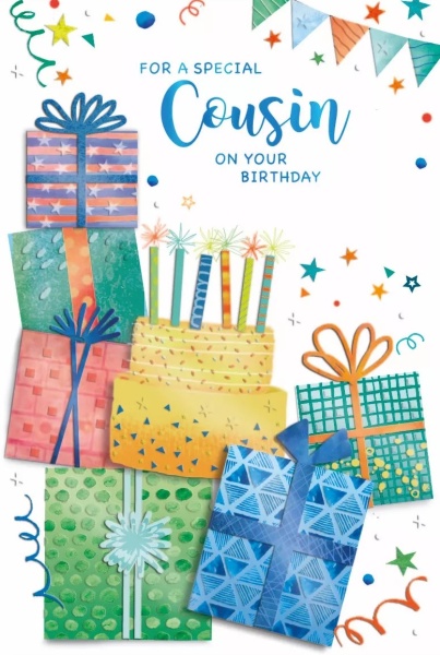 Presents & Cake Shine Cousin Birthday Card