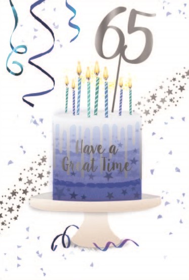 Blue Birthday Cake 65th Birthday Card