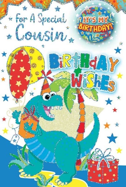 Dinosaur Cousin Birthday Card & Badge