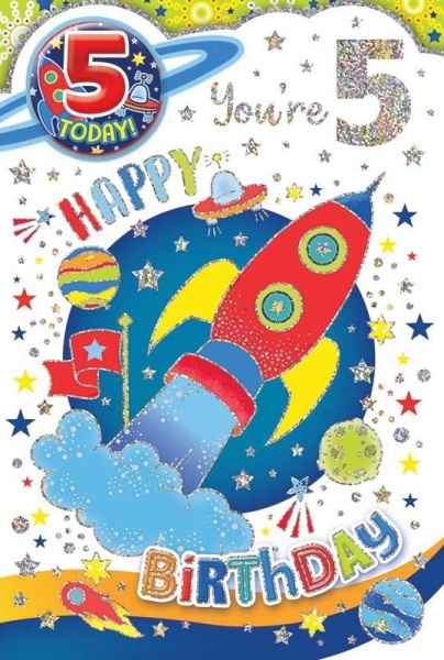 Space Rocket 5th Birthday Card & Badge