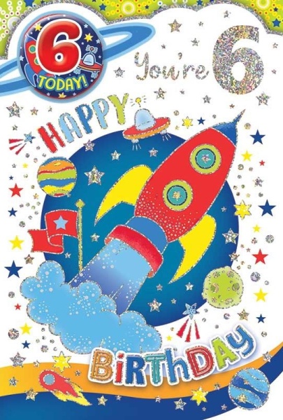 Space Rocket 6th Birthday Card & Badge