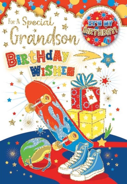 Skateboard Grandson Birthday Card & Badge