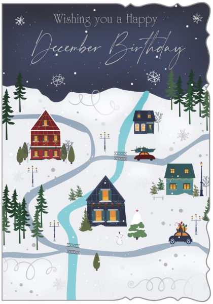 Winter Village December Birthday Card