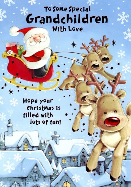 Santa & Reindeer Grandchildren Christmas Card