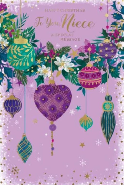 Purple Baubles Niece Christmas Card