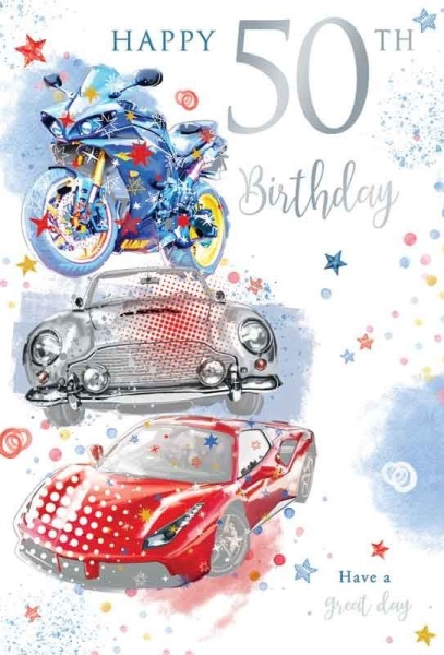 Motorbike & Cars 50th Birthday Card