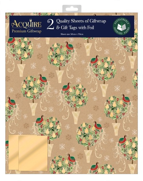 Pear Tree Christmas Gift Wrap Sheets & Tags Set