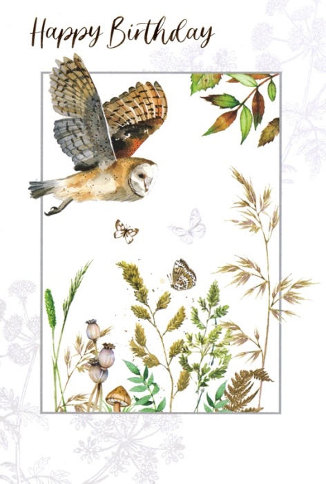 Barn Owl & Butterflies Birthday Card