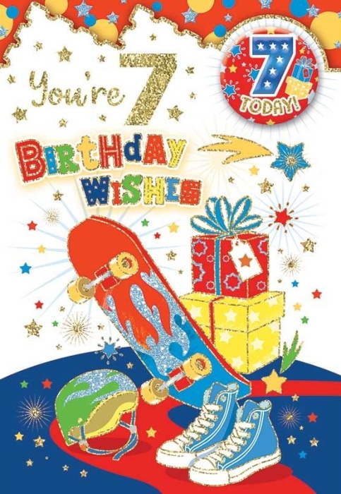 Skateboard 7th Birthday Card & Badge