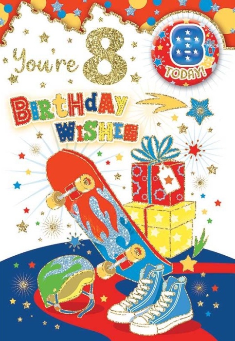 Skateboard 8th Birthday Card & Badge