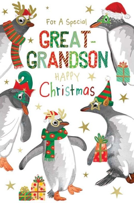 Festive Penguins Great-Grandson Christmas Card