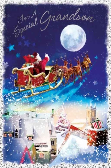 Santa's Sleigh Ride Grandson Christmas Card